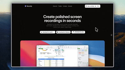 recordly-ai demo: a screen recording gets a styled wallpaper frame with rounded corners and a drop shadow, live in the editor.