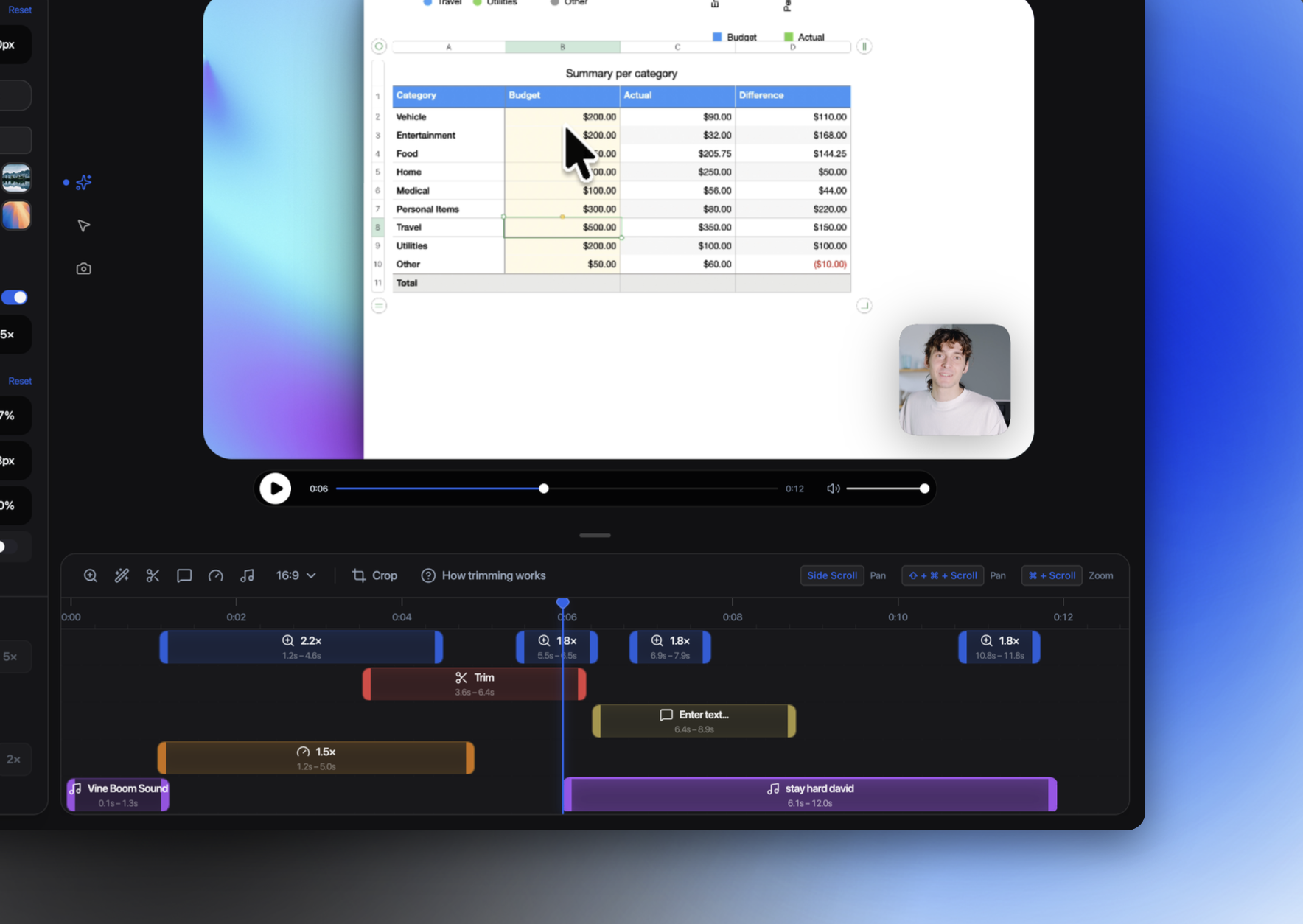The recordly-ai timeline editor, showing zoom regions, a trim, a speed region, a text annotation, an audio track, and a webcam overlay bubble.